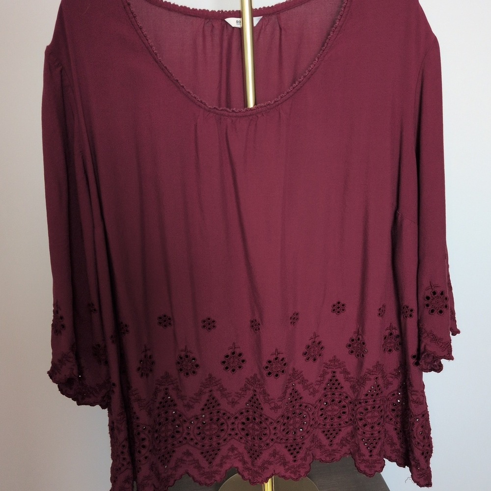 Plus Size Sonoma Blouse Women 3X Burgundy Eyelet Embroidered Boho Scoop Neck